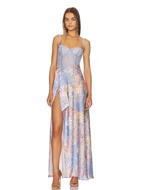 Katie May Shannon Dress Full Length Lace Bow Slit Ocean Coral M Medium Blue New